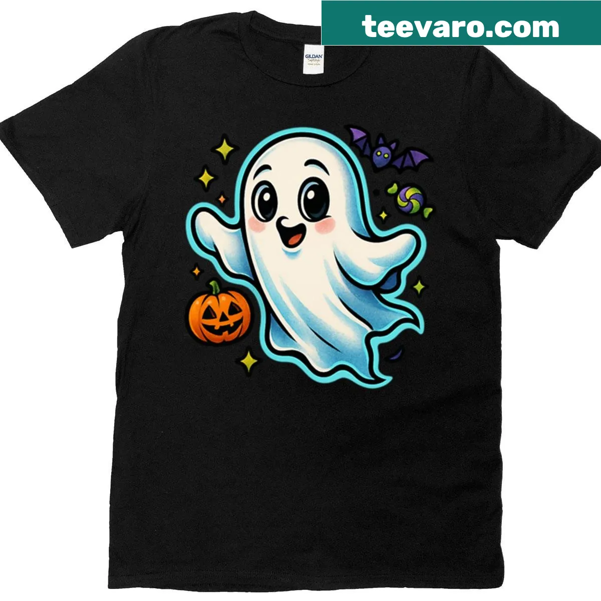 Cute happy ghost graphic on a T-shirt — on a men's t-shirt