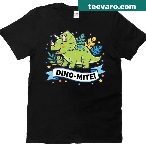 Happy green dinosaur T-shirt with tropical leaves illustration
