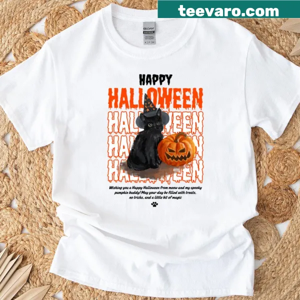 Glowing witch cat and pumpkin graphic on Halloween T-shirt