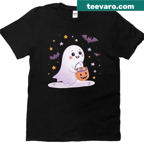Cartoon-style happy ghost graphic on a T-shirt