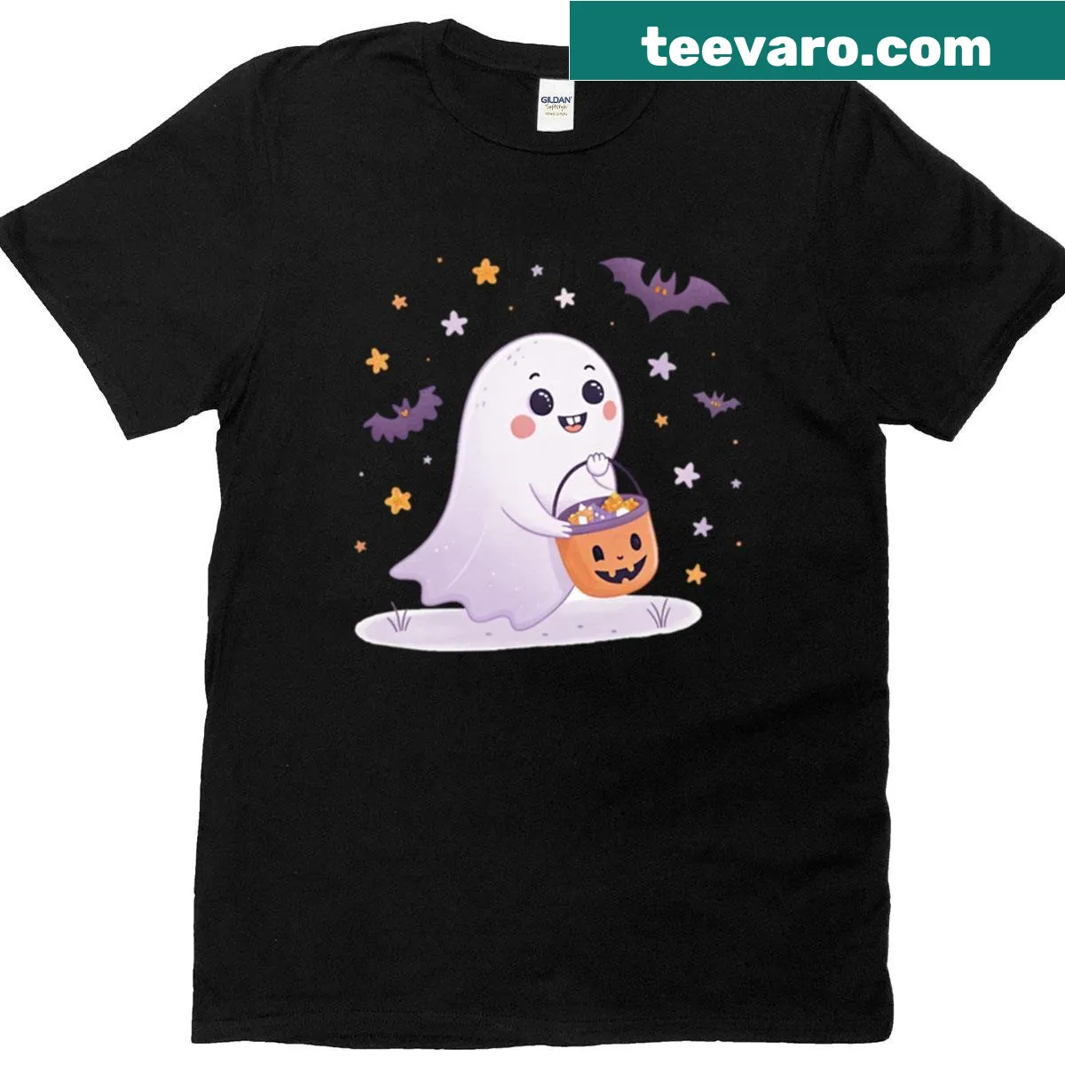 Cartoon-style happy ghost graphic on a T-shirt — on a men's t-shirt