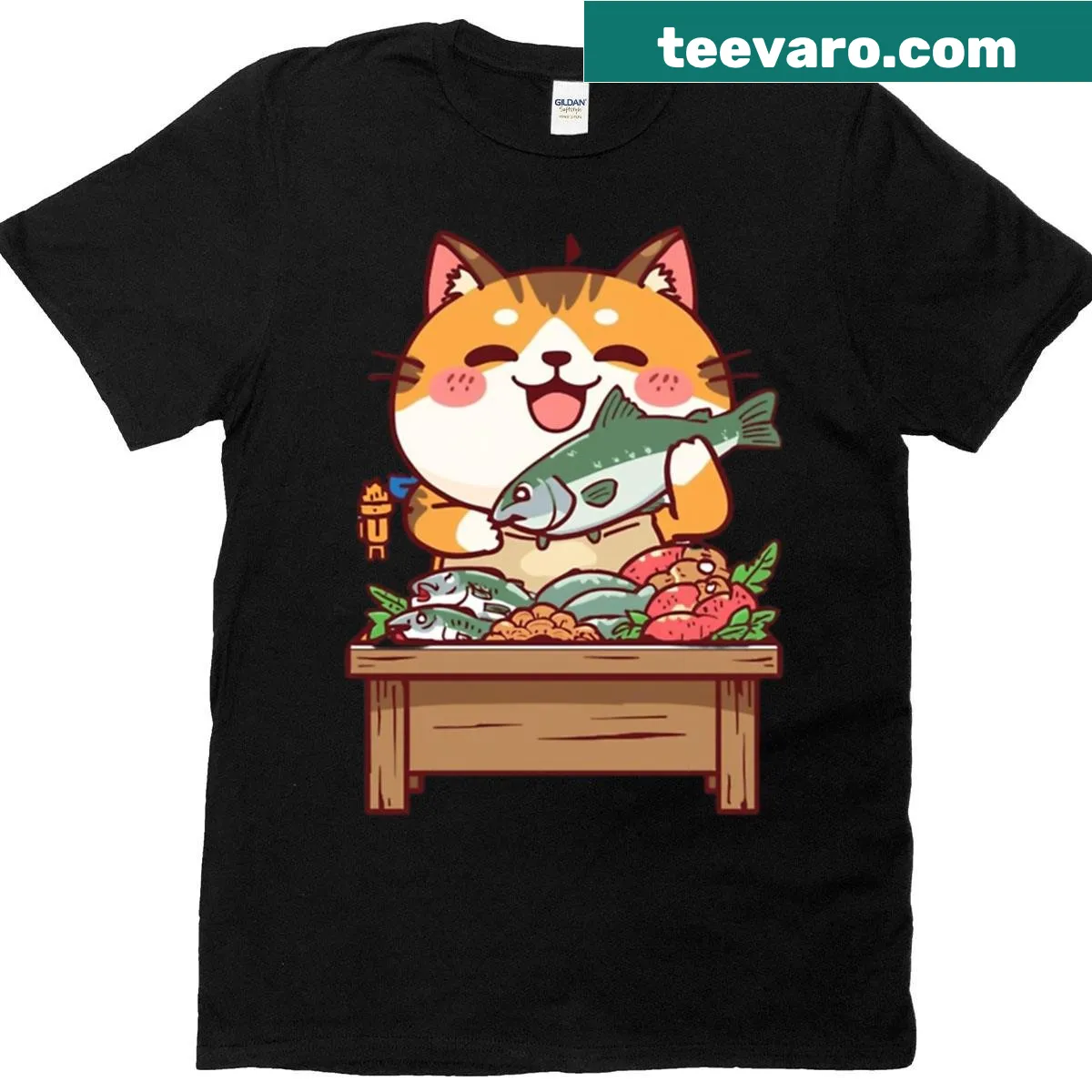 Cute cat selling fish in a Japanese market illustration on a T-shirt — on a men's t-shirt