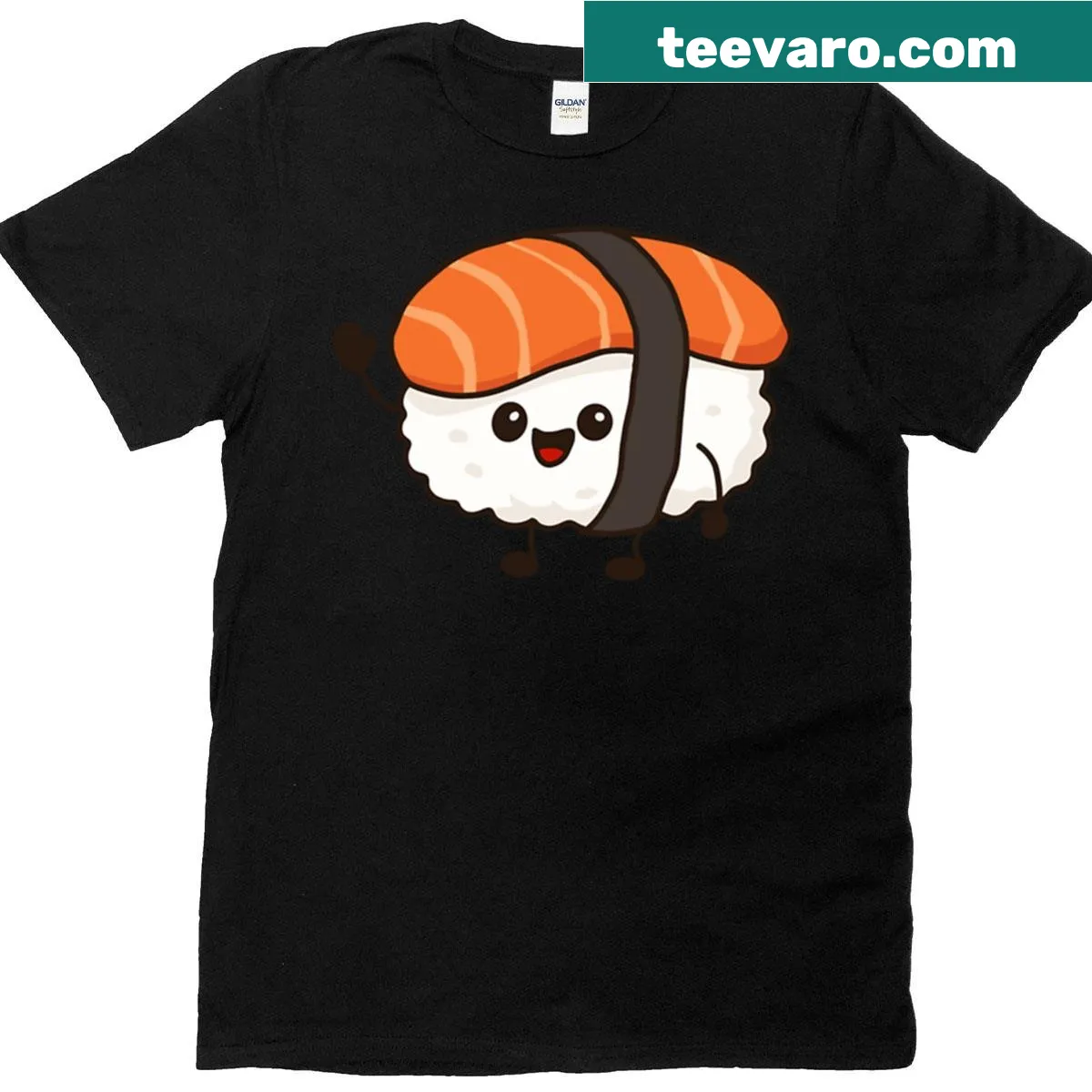 Cartoon T-shirt featuring a happy sushi roll character — on a men's t-shirt