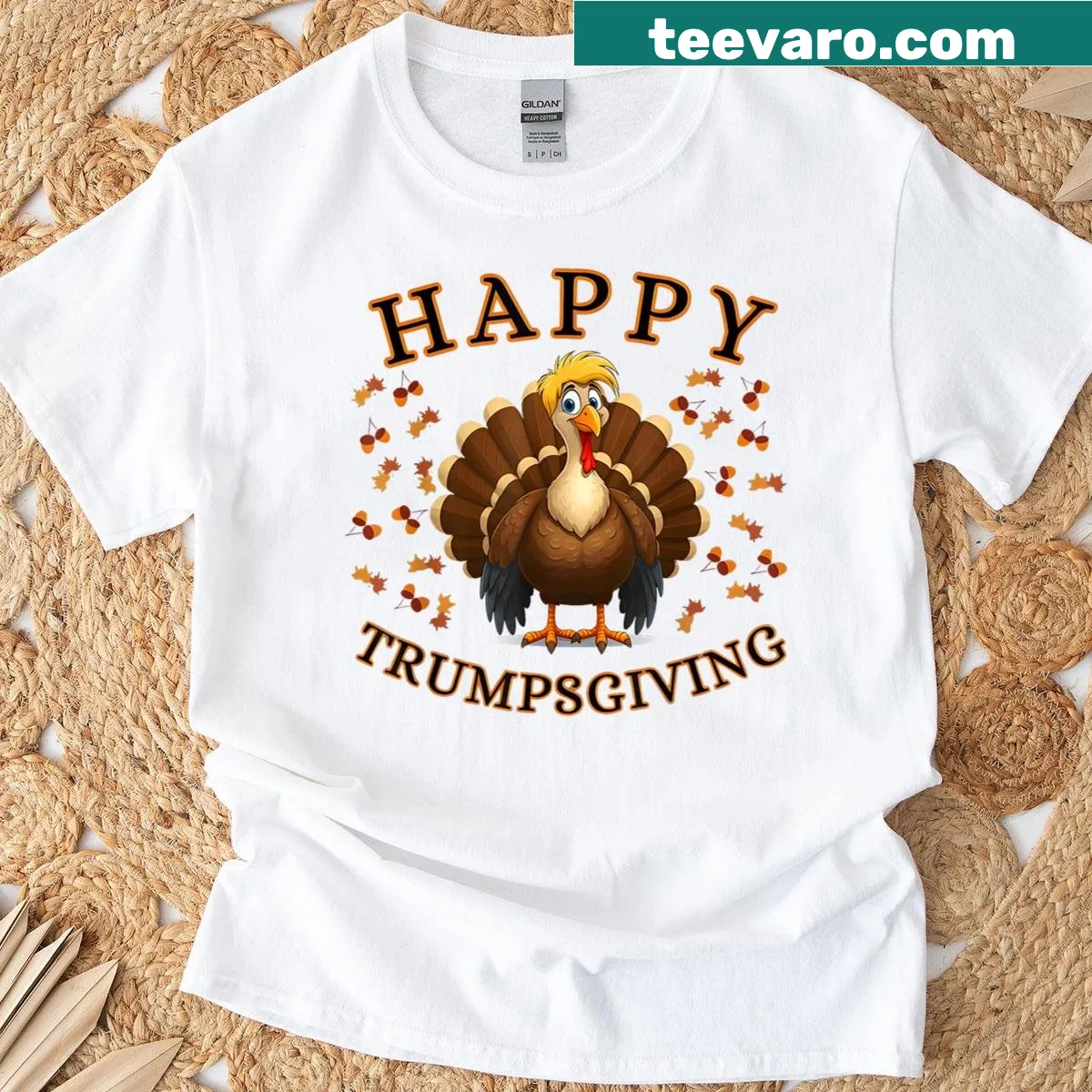 Funny Thanksgiving t-shirt featuring a cartoon turkey and Trump reference — on a men's t-shirt