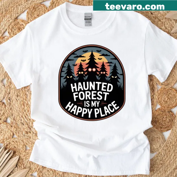 Illustrated shirt with a haunted forest and spooky theme