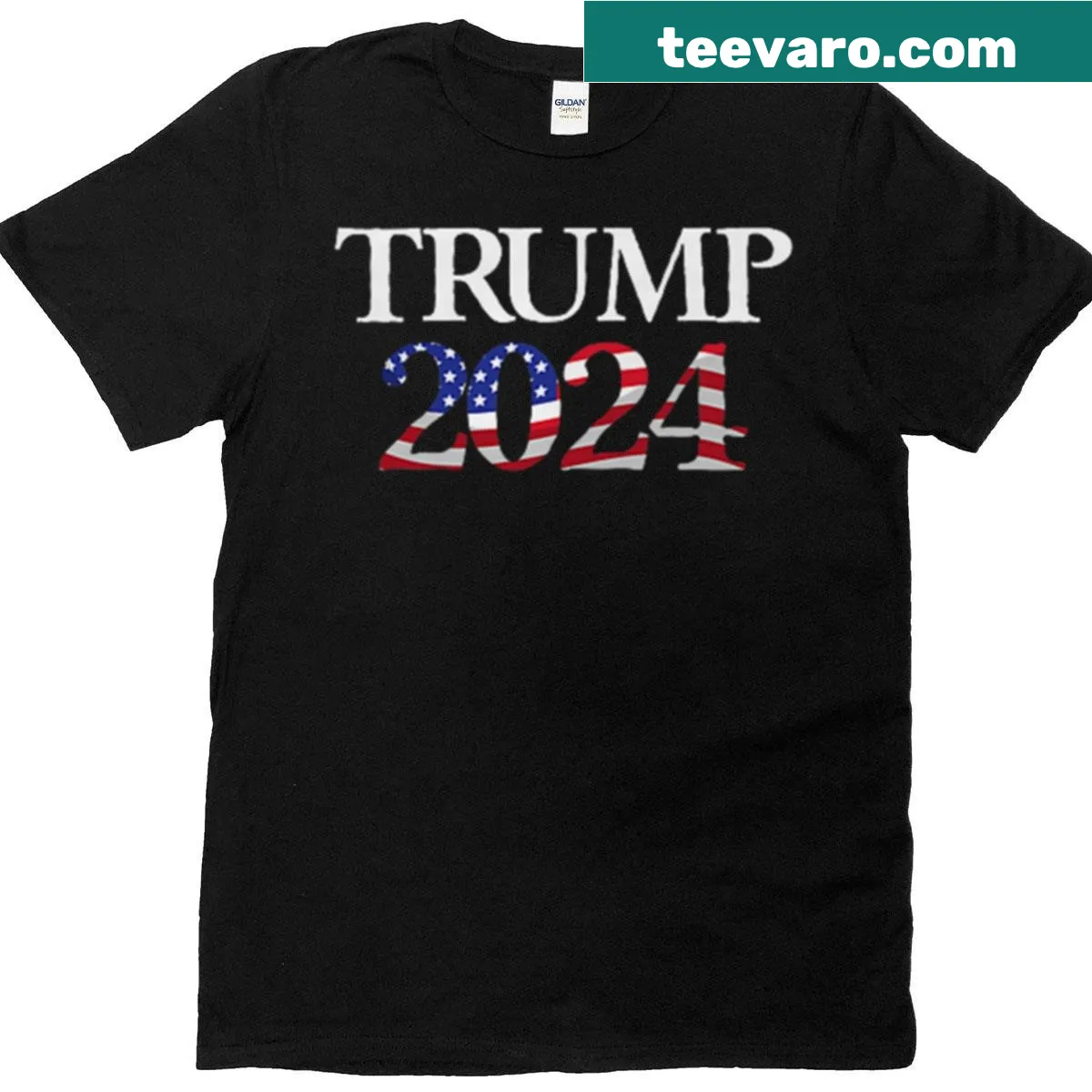 T-shirt with bold text stating support for Trump 2024 — on a men's t-shirt