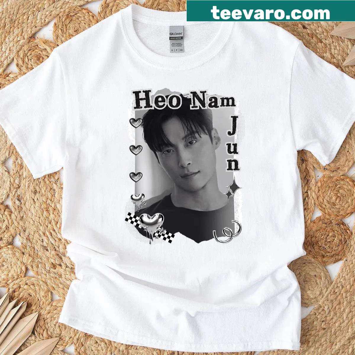 Black and white collage of Heo Nam-jun on a T-shirt — on a men's t-shirt