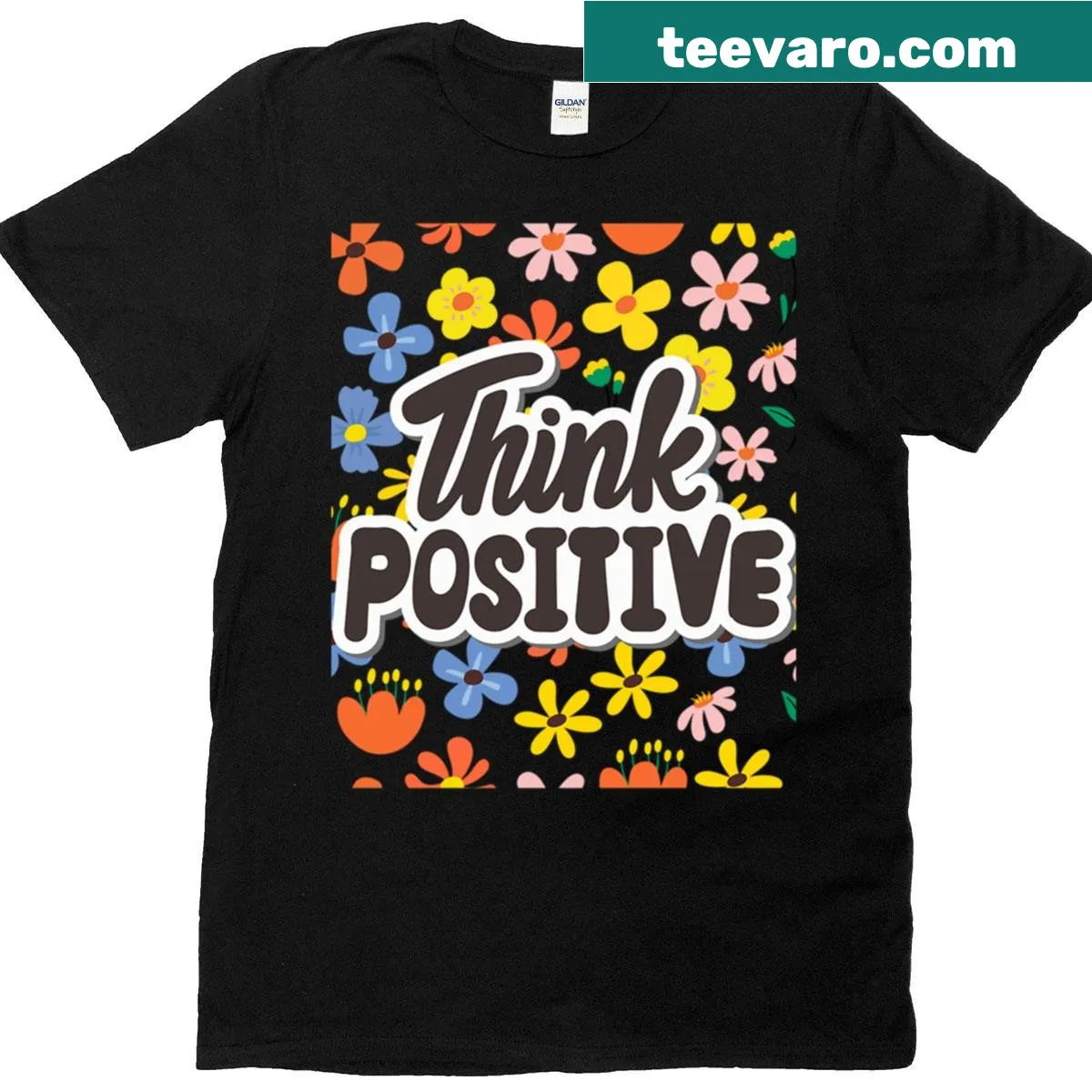 Motivational quote shirt with 'Hink Positive' text in floral design — on a men's t-shirt