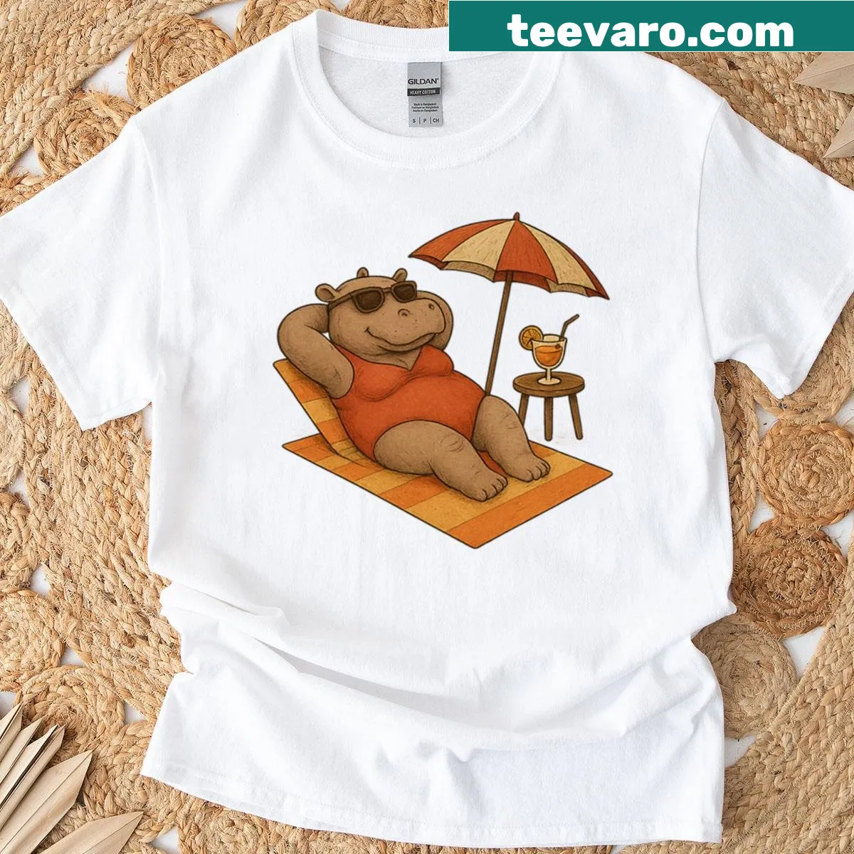 Illustration of a hippo relaxing on vacation with sunglasses — on a men's t-shirt