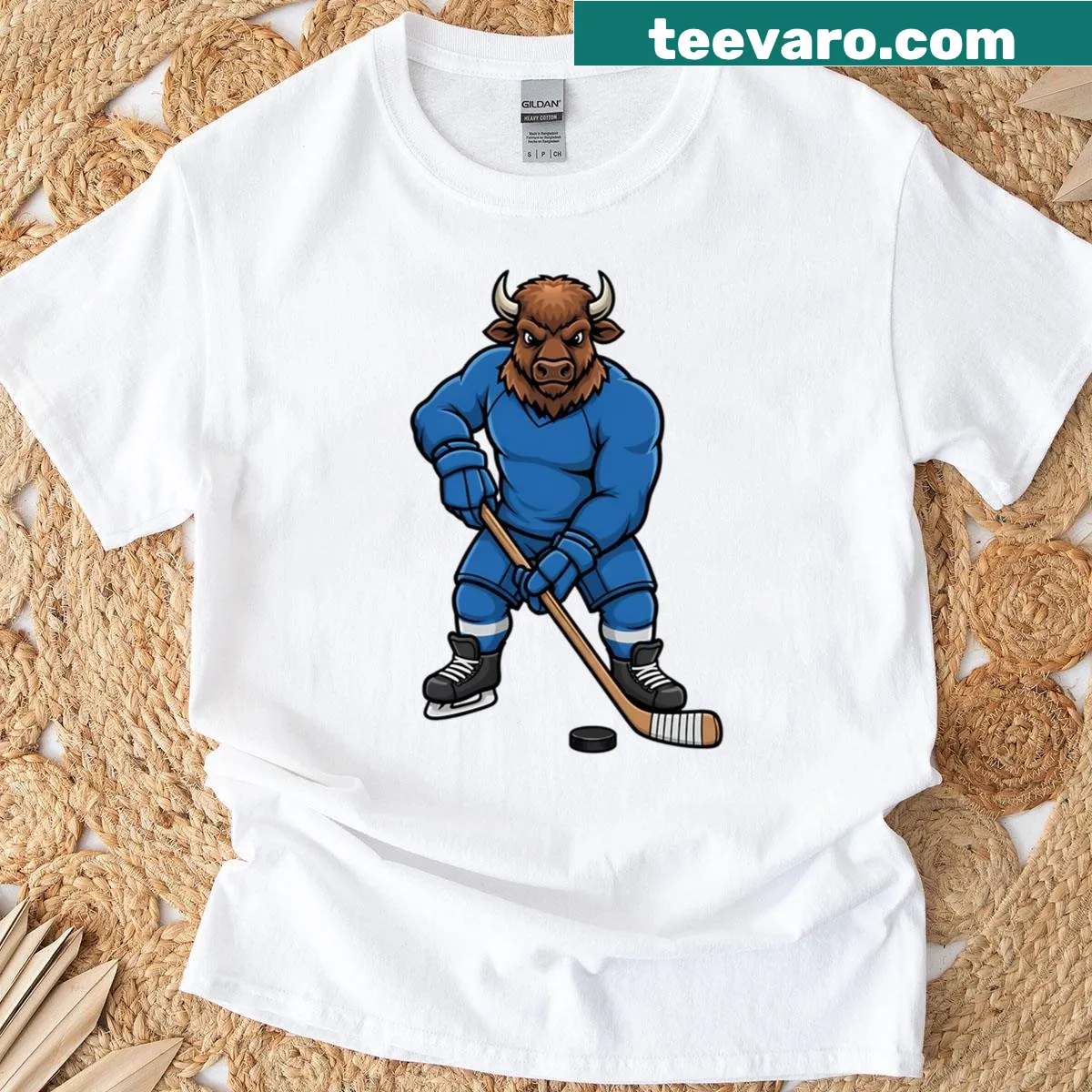 Bison mascot shirt designed for hockey sports fans — on a men's t-shirt