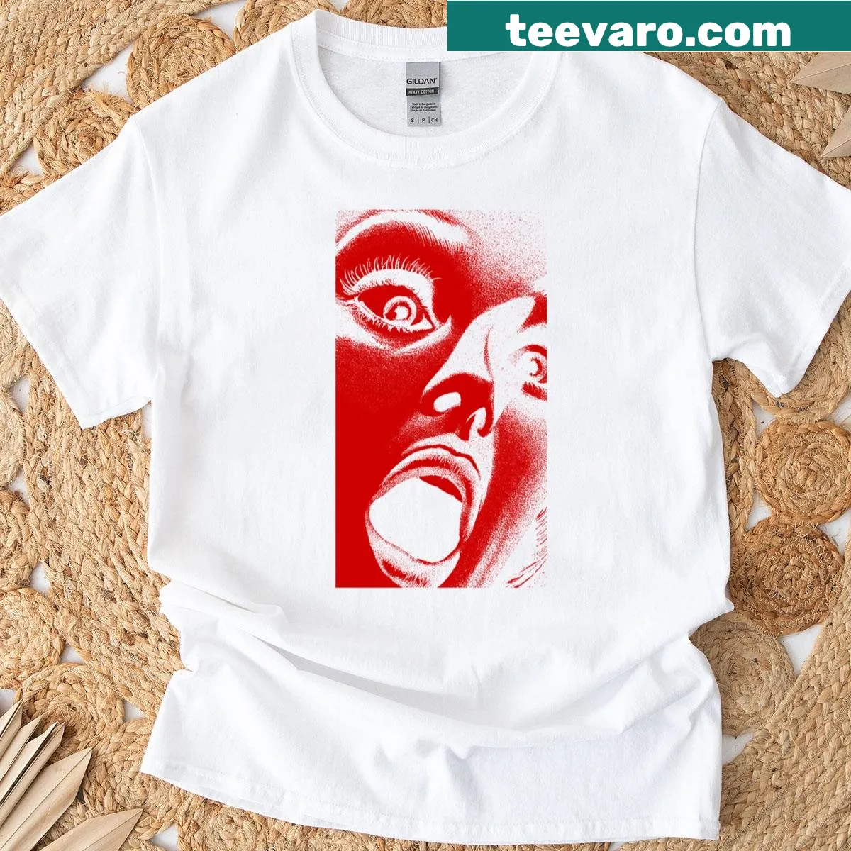 Illustrated horror-themed t-shirt featuring a screaming woman — on a men's t-shirt