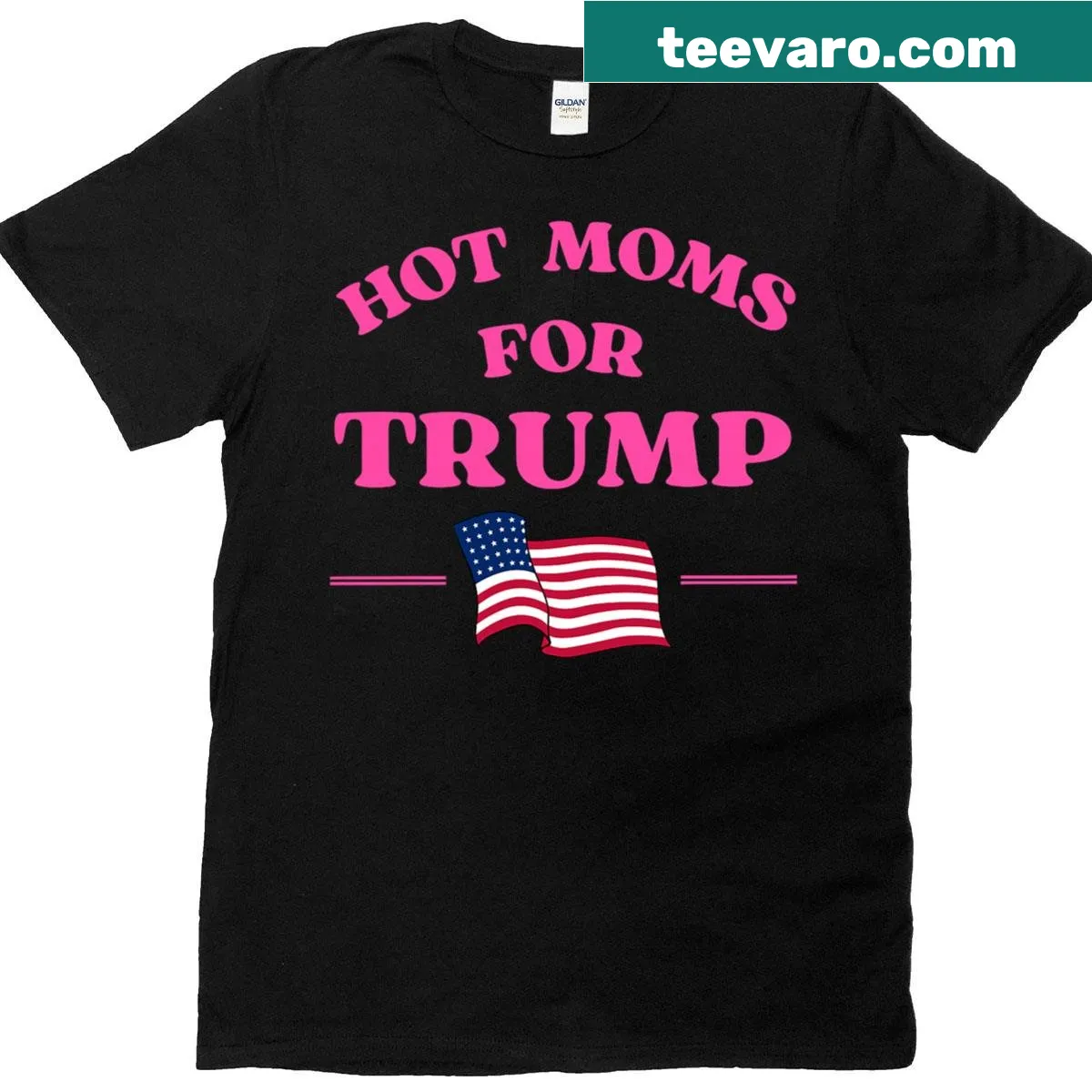 Pink shirt with 'Hot Moms For Trump 2024' and USA flag design — on a men's t-shirt