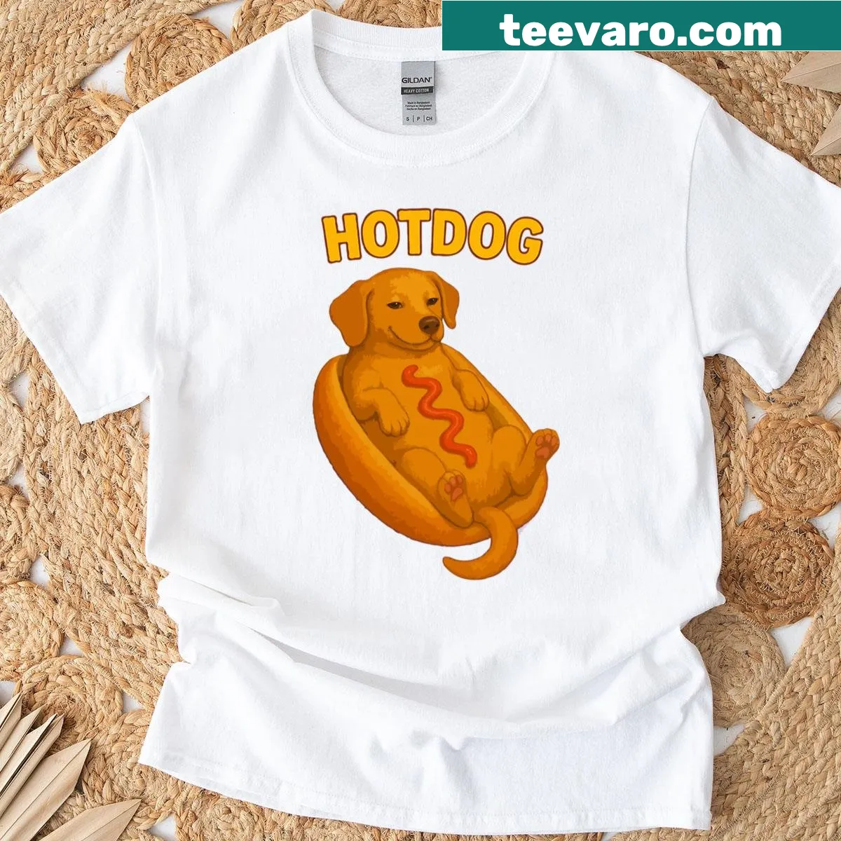 Cute golden puppy cartoon in a hot dog bun design — on a men's t-shirt