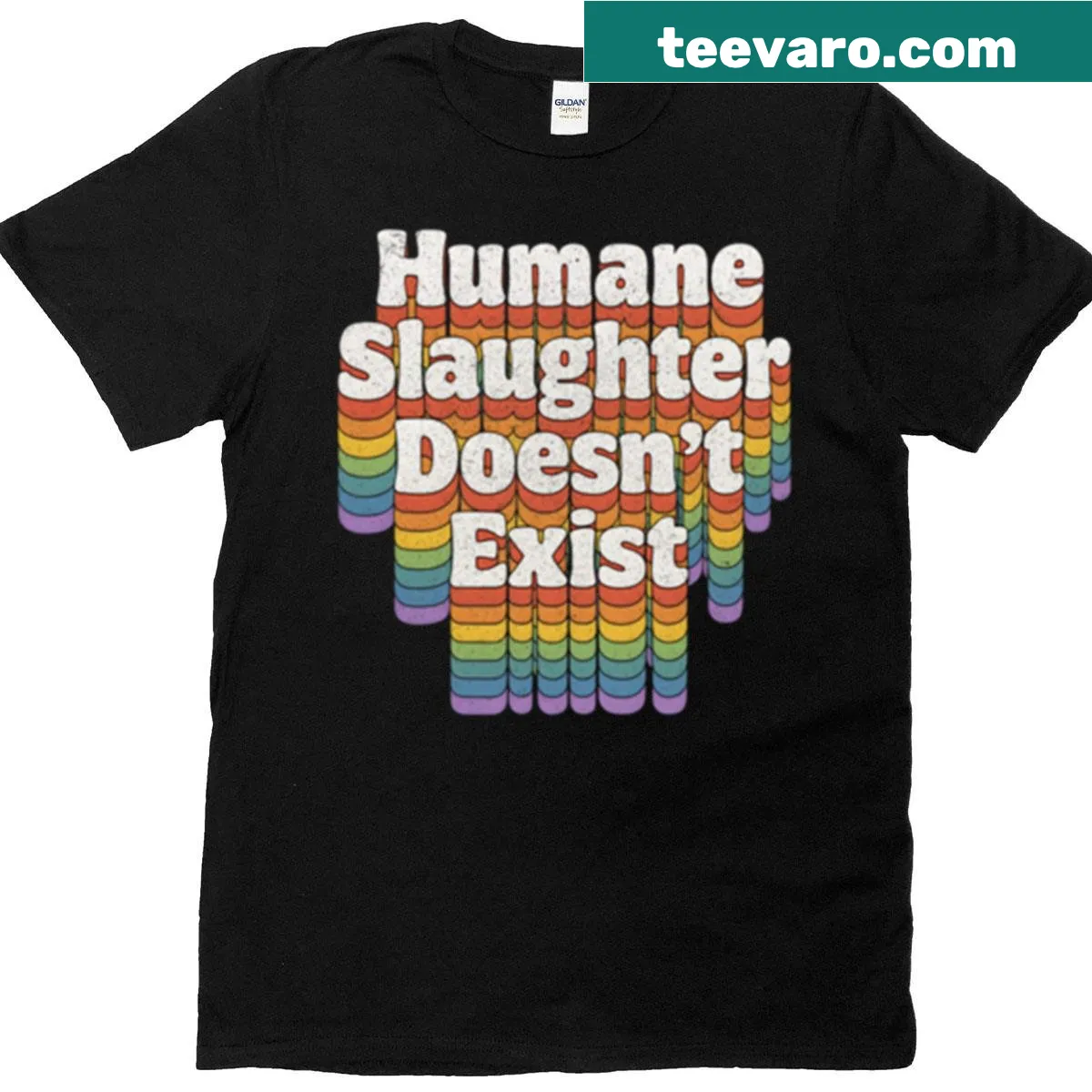 Retro typography t-shirt with 'Humane Slaughter Doesn't Exist' text — on a men's t-shirt