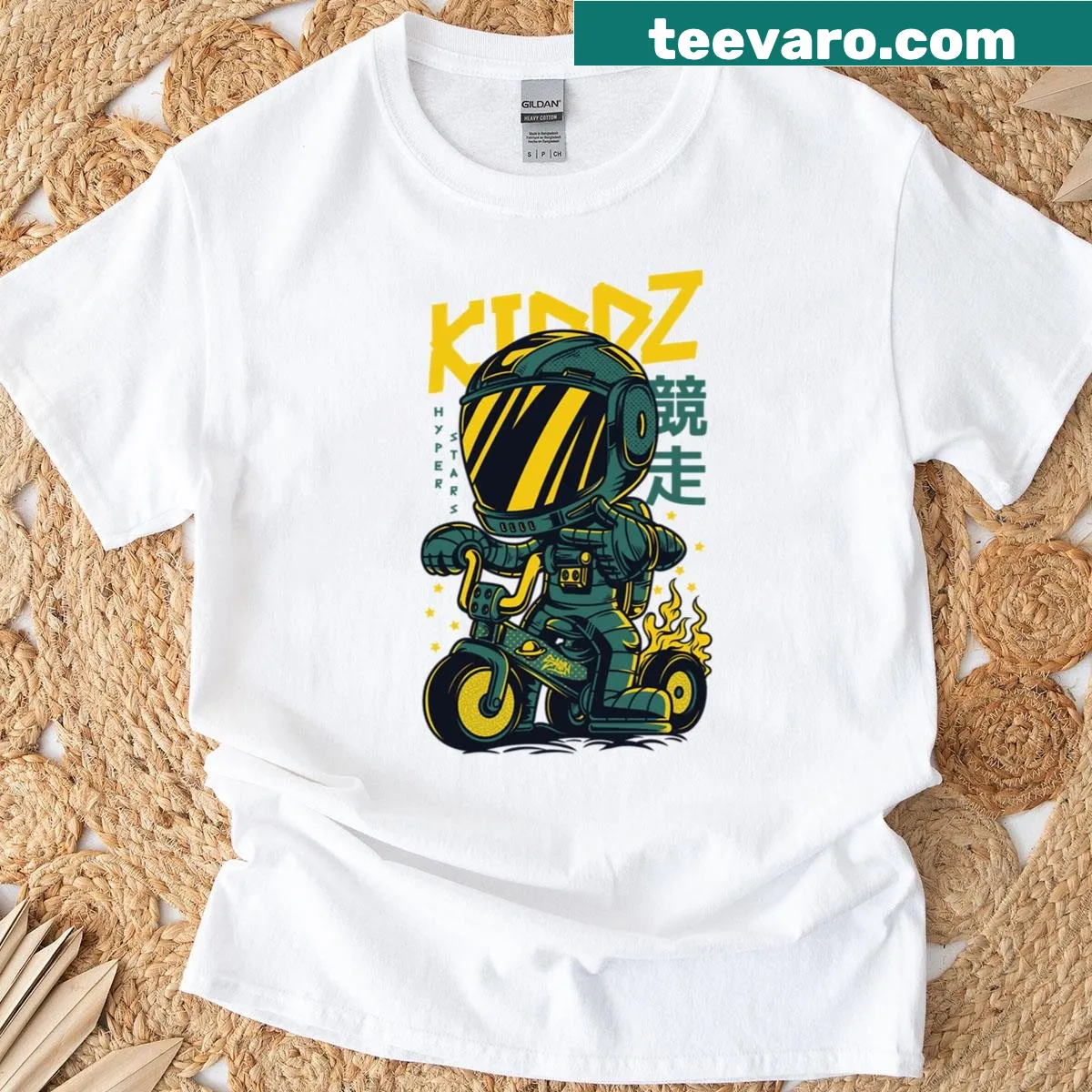 Futuristic racing design with a kid on a motorbike — on a men's t-shirt