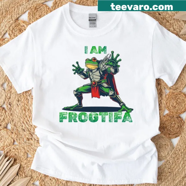 Funny frog graphic with the saying 'I Am Frogtifa' on a T-shirt