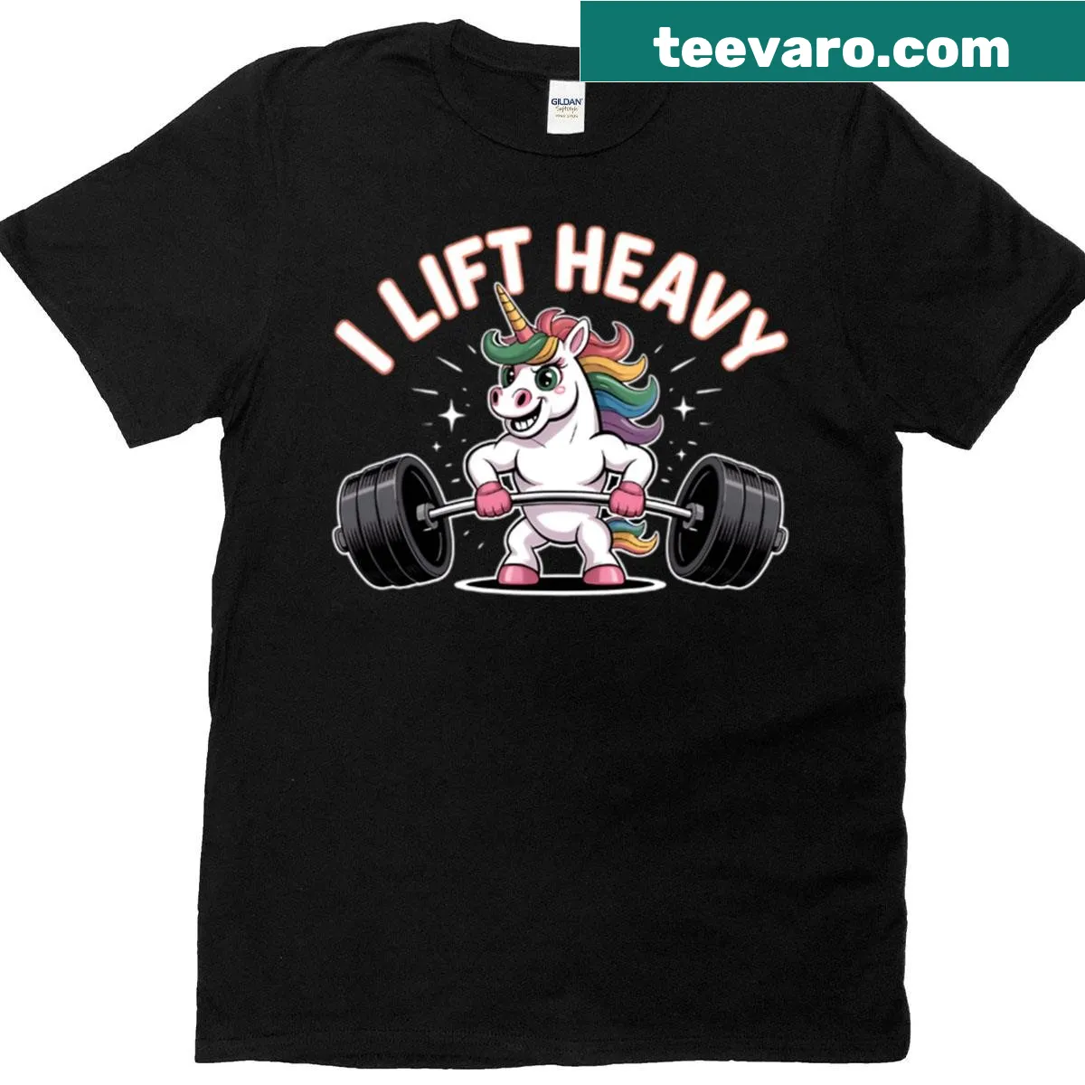Graphic t-shirt with 'I Lift Heavy Magical Gains' and whimsical illustration — on a men's t-shirt