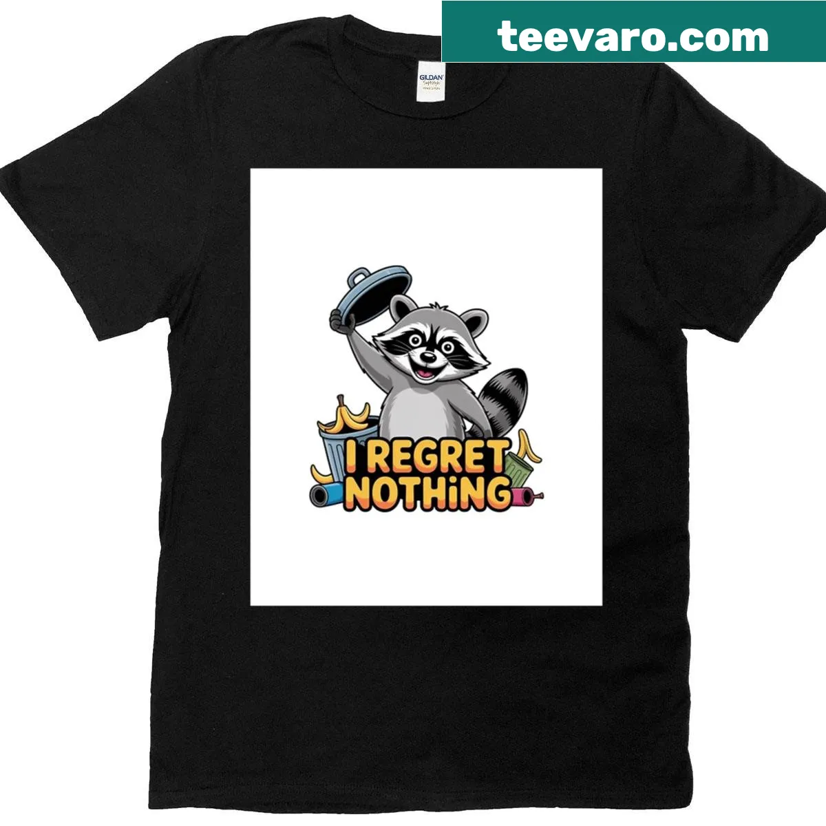 Cartoon raccoon with the phrase 'I Regret Nothing' on a T-shirt — on a men's t-shirt