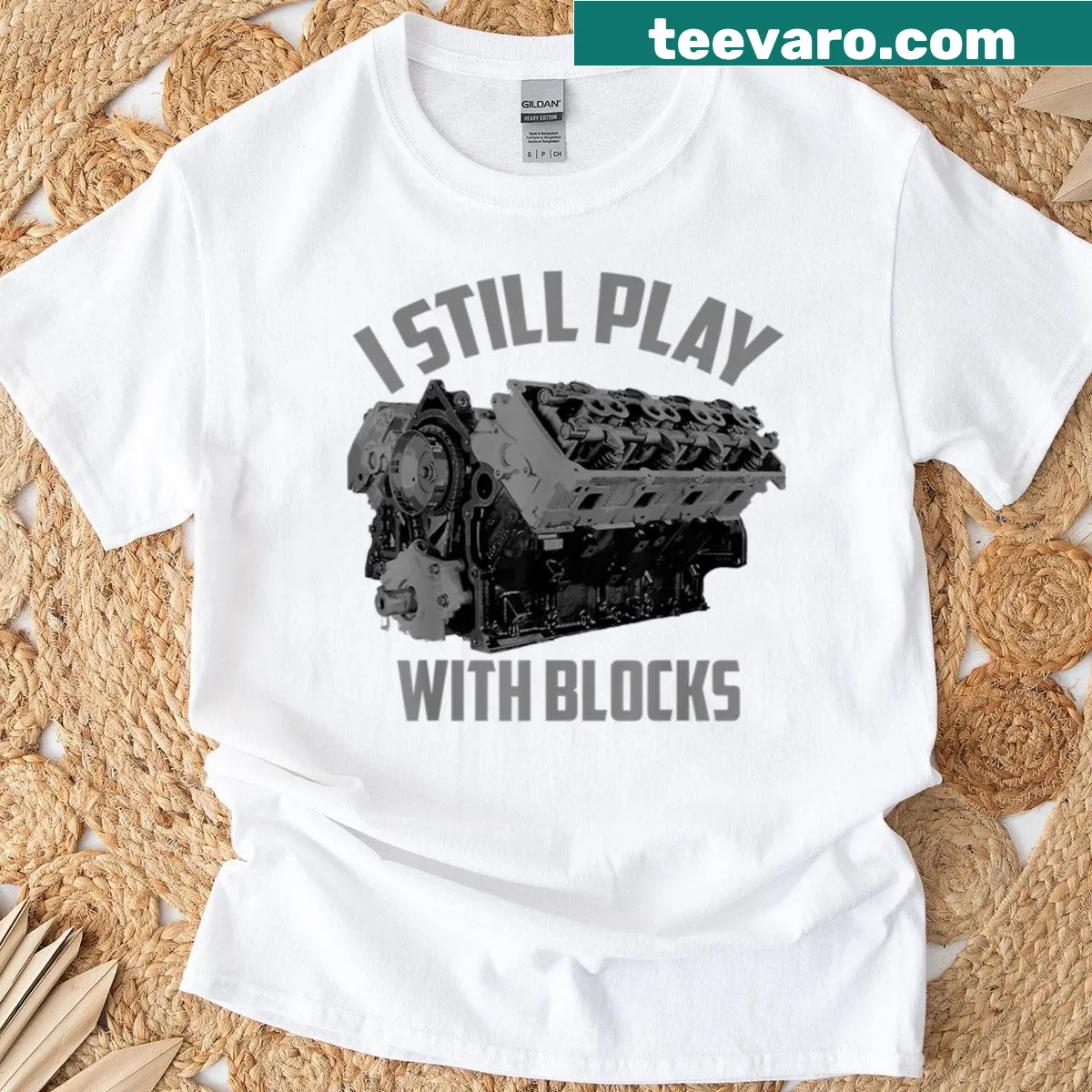 Funny mechanic t-shirt with the phrase about playing with blocks. — on a men's t-shirt