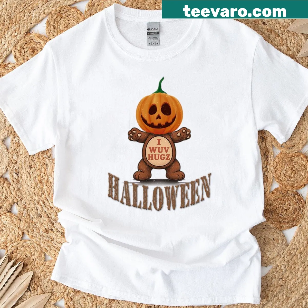 Halloween-themed shirt with whimsical 'I Wuv Hugz' text and playful graphics — on a men's t-shirt
