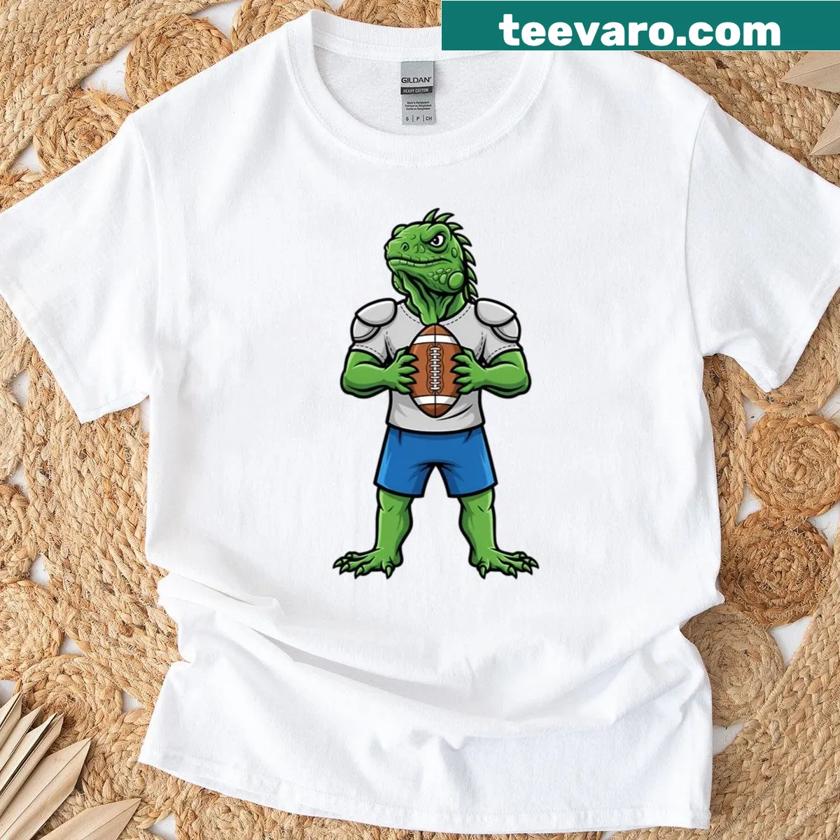 Iguana football mascot T-shirt with a playful design — on a men's t-shirt