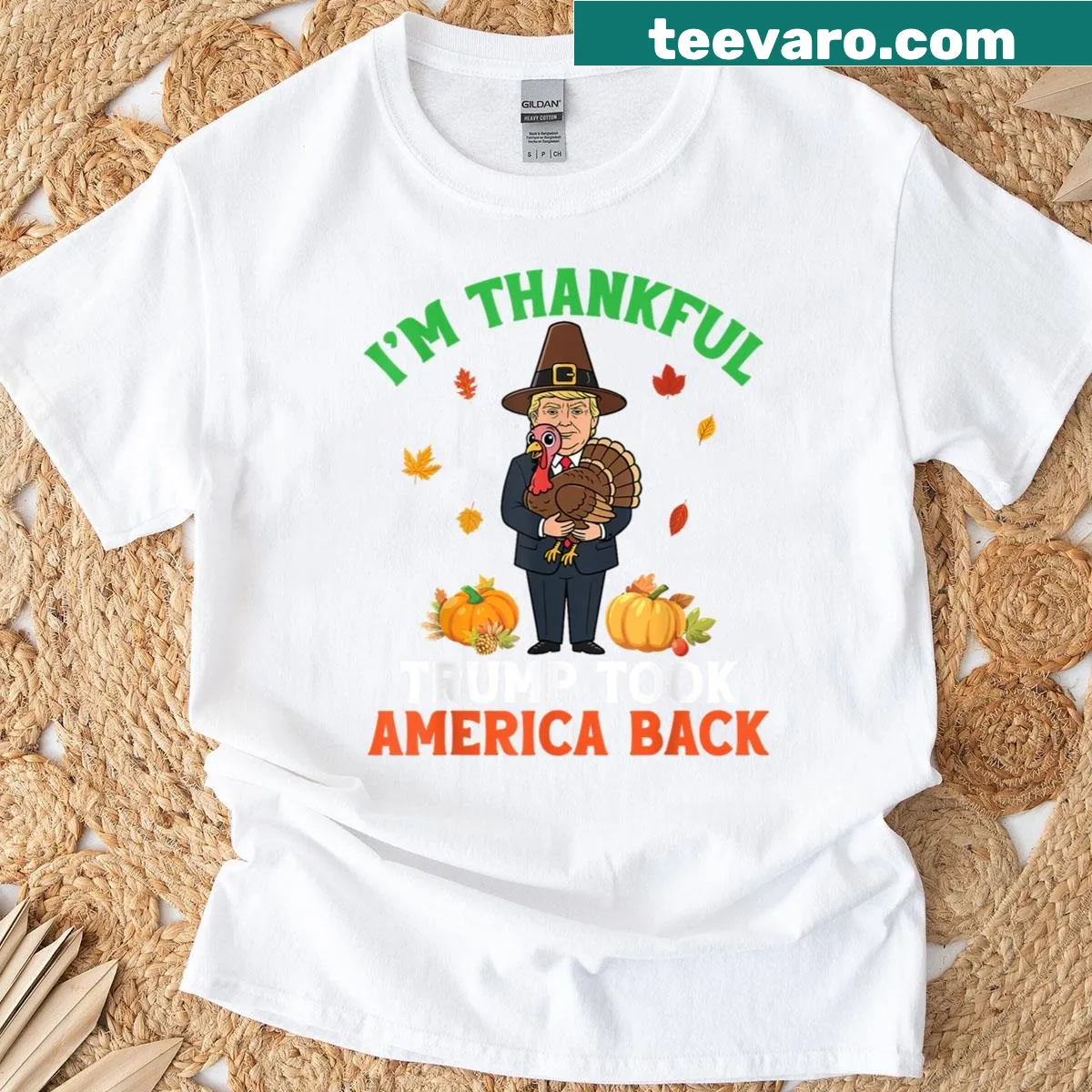 Thanksgiving design featuring Trump and Pilgrims, humorous graphic — on a men's t-shirt