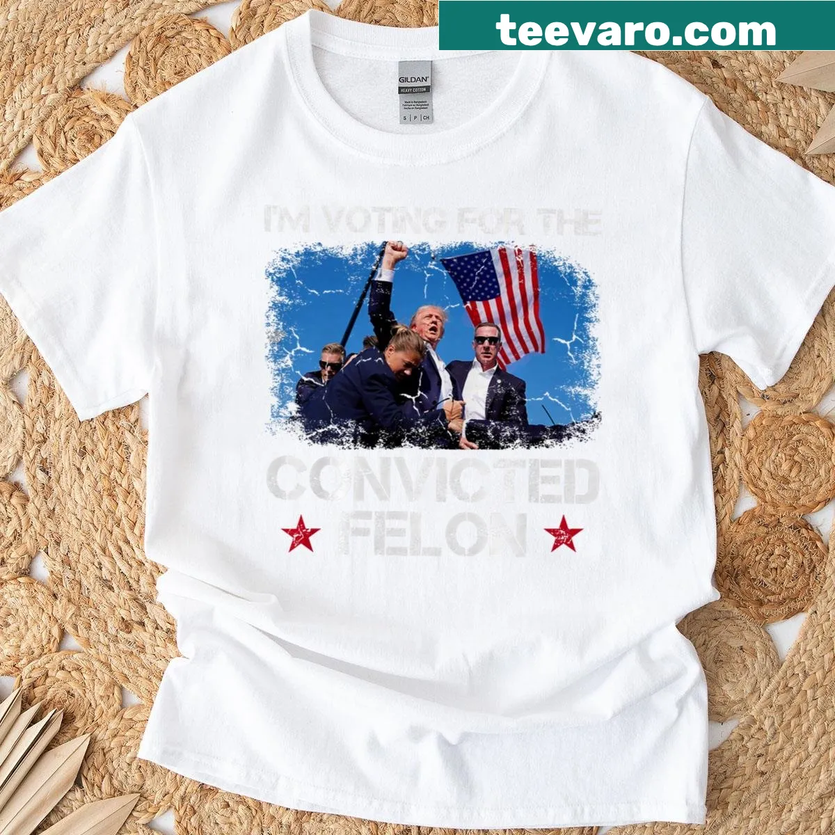 Bold text T-shirt declaring 'I'm Voting Convicted Felon 2024' for political advocacy — on a men's t-shirt