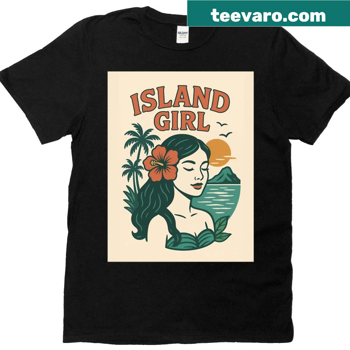 Vintage sticker-style island girl graphic shirt — on a men's t-shirt
