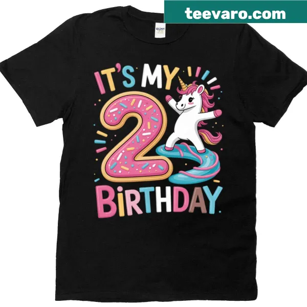 Funny birthday graphic featuring a dabbing unicorn and donut on a T-shirt