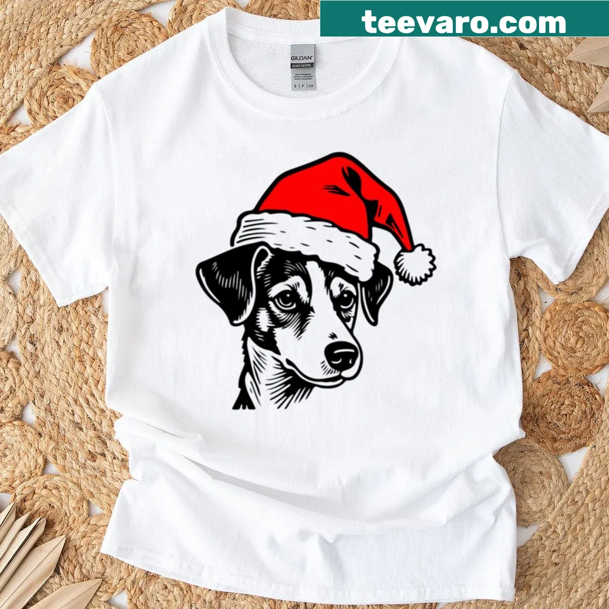 Silhouette of a Jack Russell Terrier in a Santa hat illustration — on a men's t-shirt