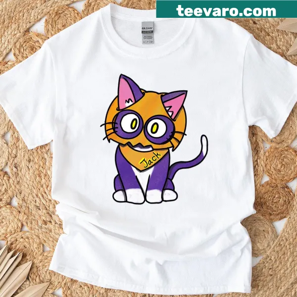 Cartoon pumpkin cat design on a playful t-shirt
