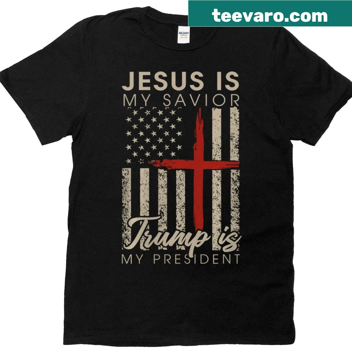 T-shirt with cross and USA flag featuring religious and political text — on a men's t-shirt