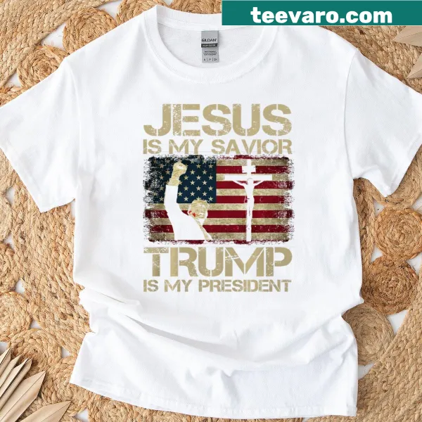 Faith and political-themed T-shirt with text and USA flag design