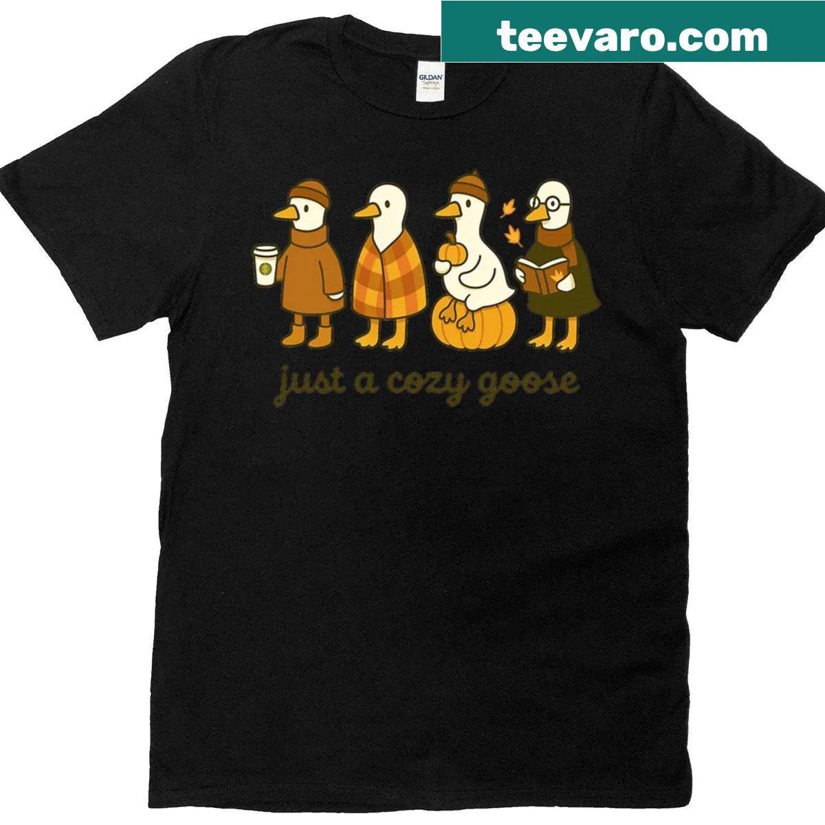 Cute autumn goose illustration on cozy shirt — on a men's t-shirt