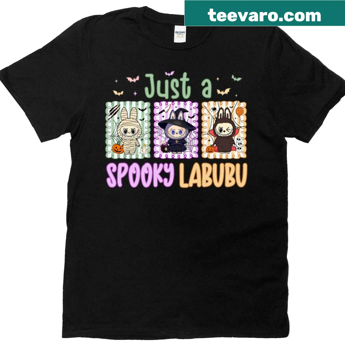 Cute Halloween T-shirt with cartoon witch, mummy, and vampire — on a men's t-shirt
