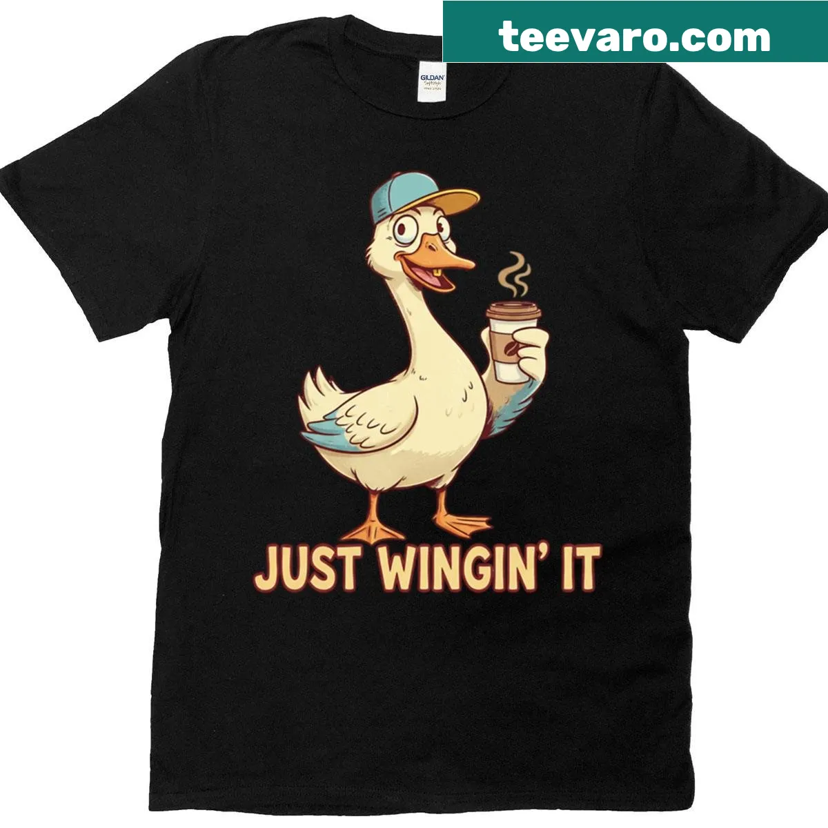 Funny T-shirt with the phrase Just Wingin' It and a silly goose illustration — on a men's t-shirt