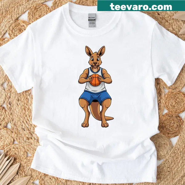 Kangaroo basketball player mascot illustrated on a shirt.