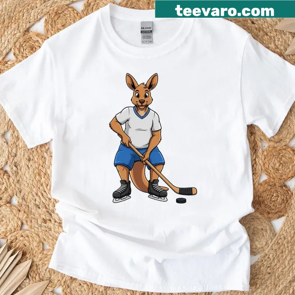 Cute shirt with a cartoon kangaroo ice hockey player design