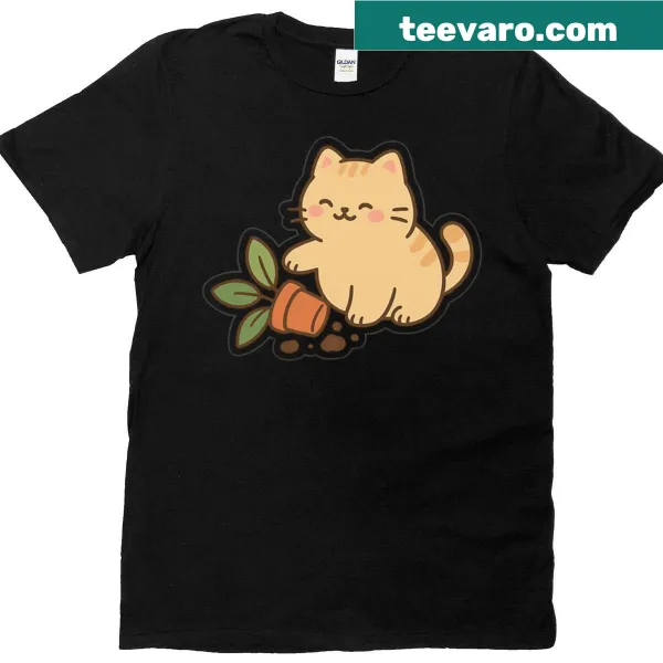 Kawaii T-shirt with mischievous cat and plant design