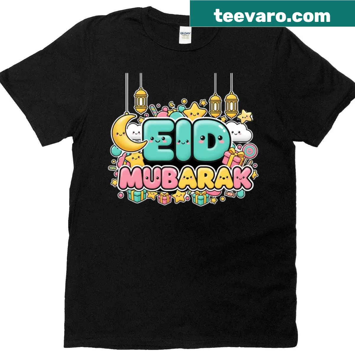Kawaii Eid Mubarak illustration on an oversized t-shirt — on a men's t-shirt