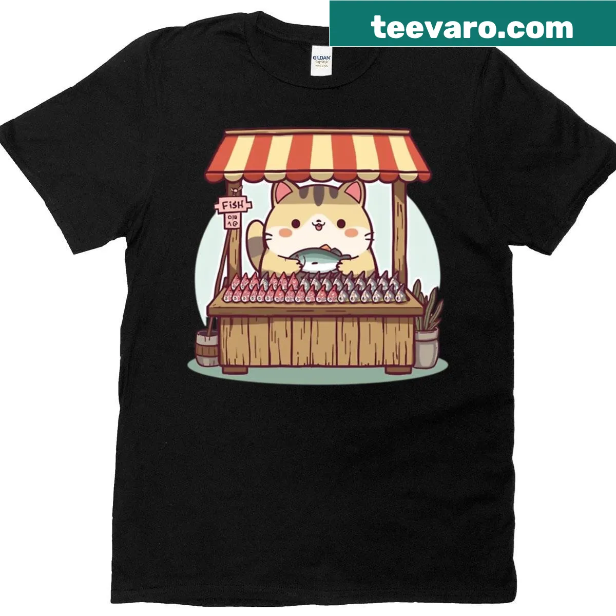 Illustration of a cute cat vendor at a fish market in kawaii style — on a men's t-shirt