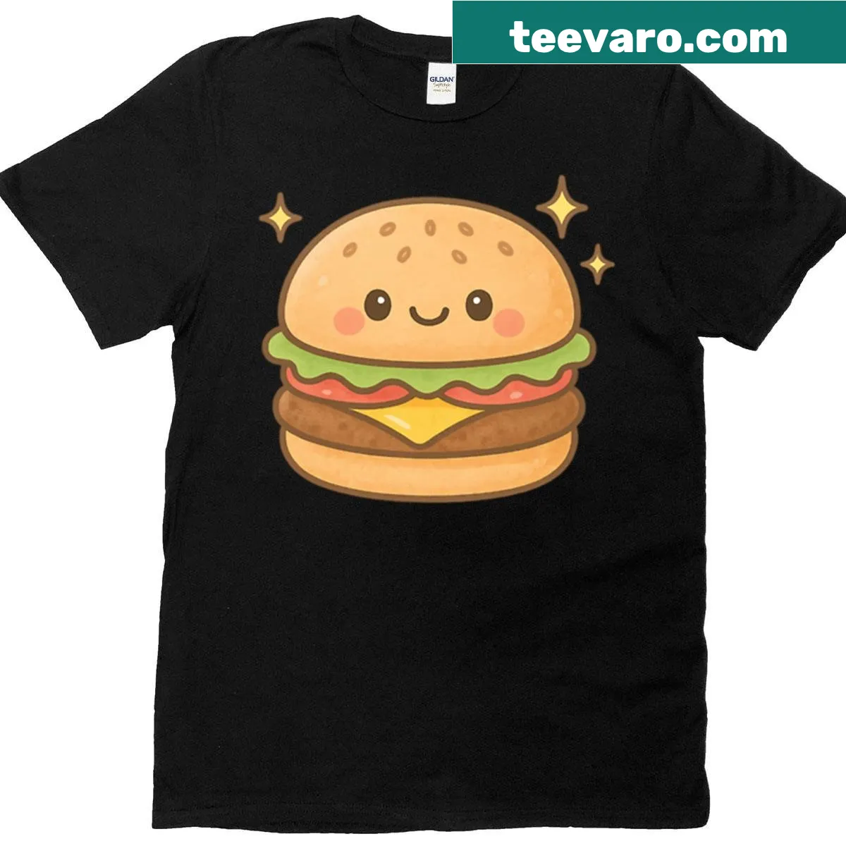 Cute smiling burger cartoon graphic t-shirt — on a men's t-shirt