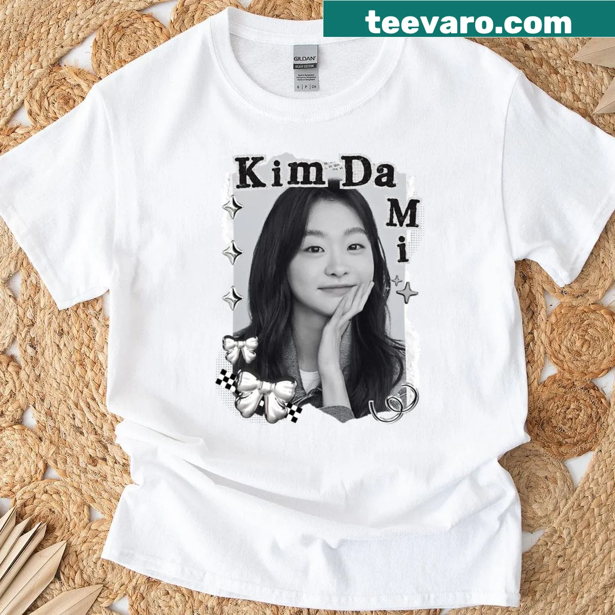 Black and white collage T-shirt featuring Kim Da-mi portrait — on a men's t-shirt