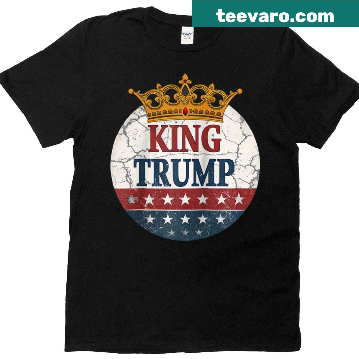 Vintage-style raglan tee with 'King Trump' text in distressed design — on a men's t-shirt