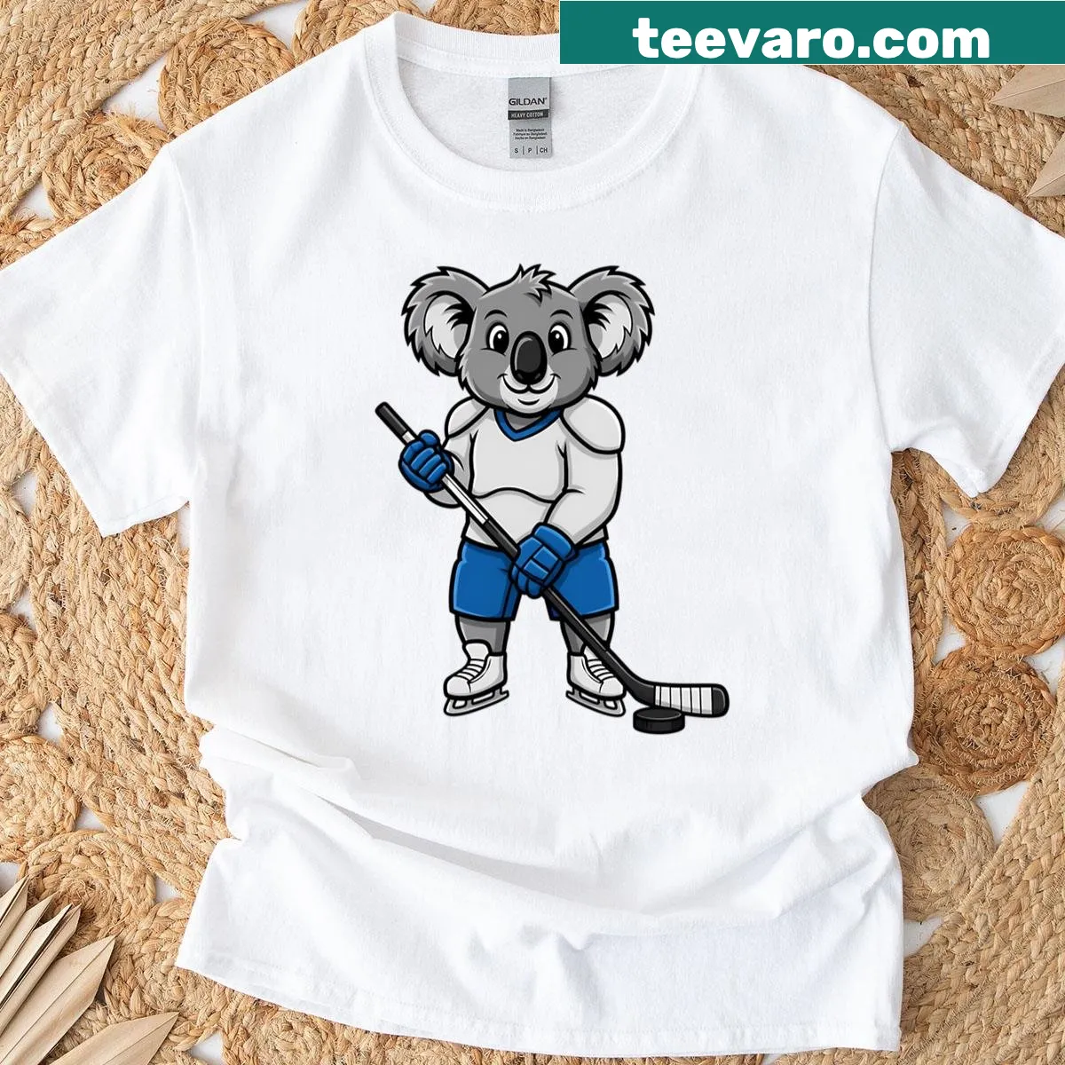 Cute shirt with a cartoon koala ice hockey player design — on a men's t-shirt