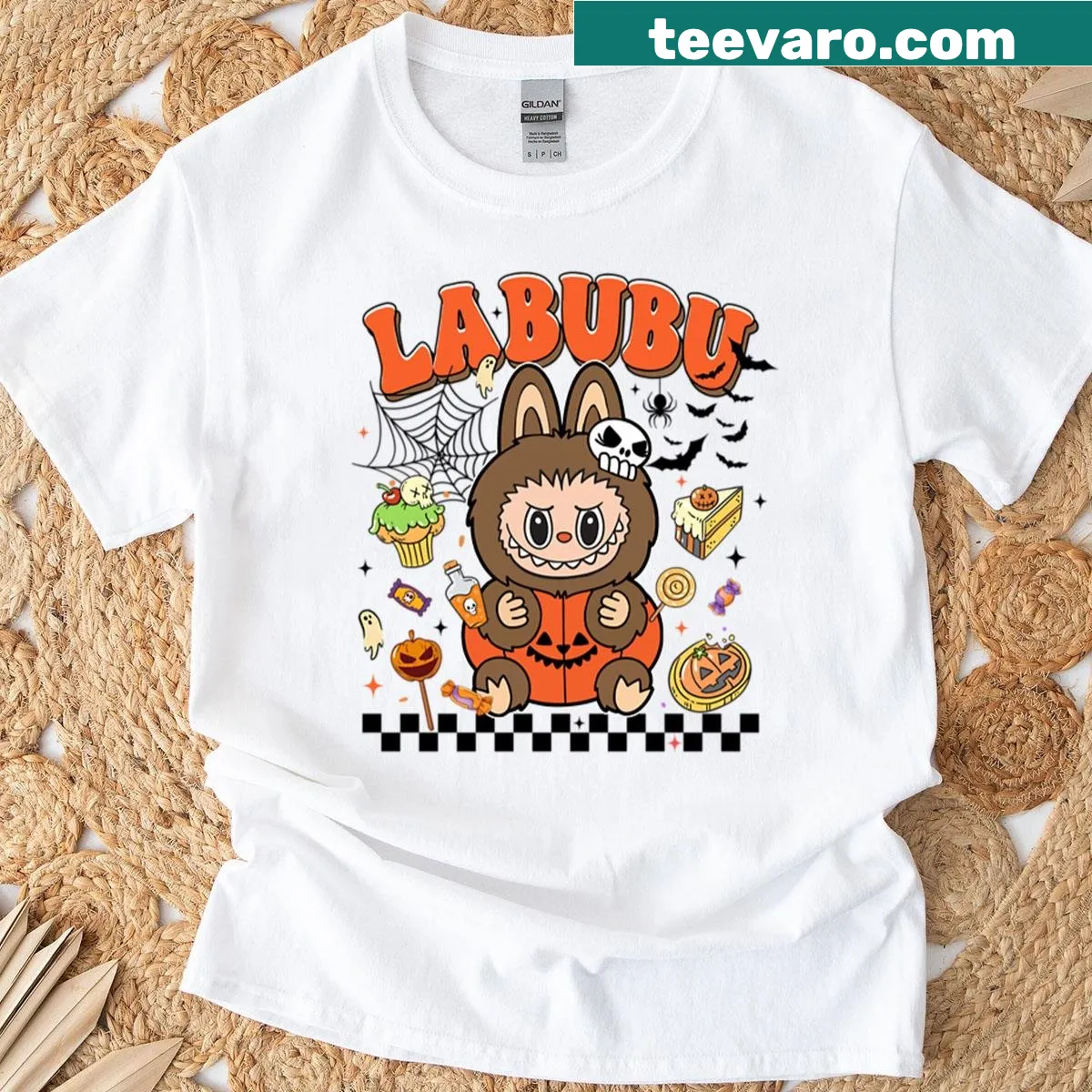 Cute Labubu creature with pumpkins and candy on a Halloween t-shirt — on a men's t-shirt