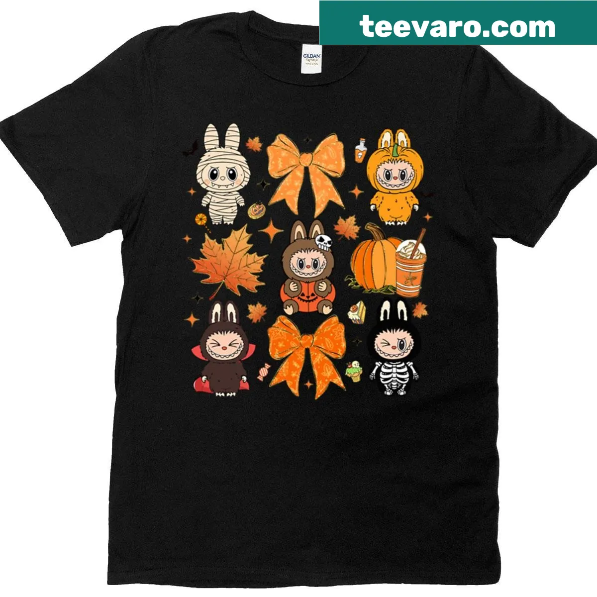 Kawaii pumpkin spice latte graphic on Halloween-themed T-shirt — on a men's t-shirt