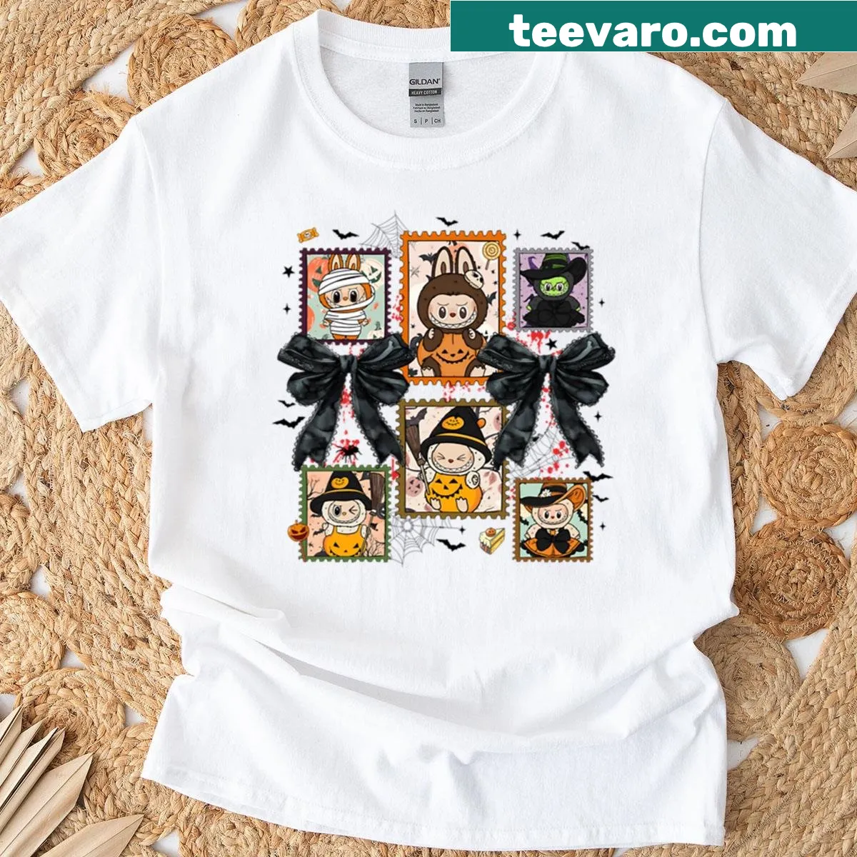 Labubu Halloween stamps design featuring witches and pumpkins. — on a men's t-shirt
