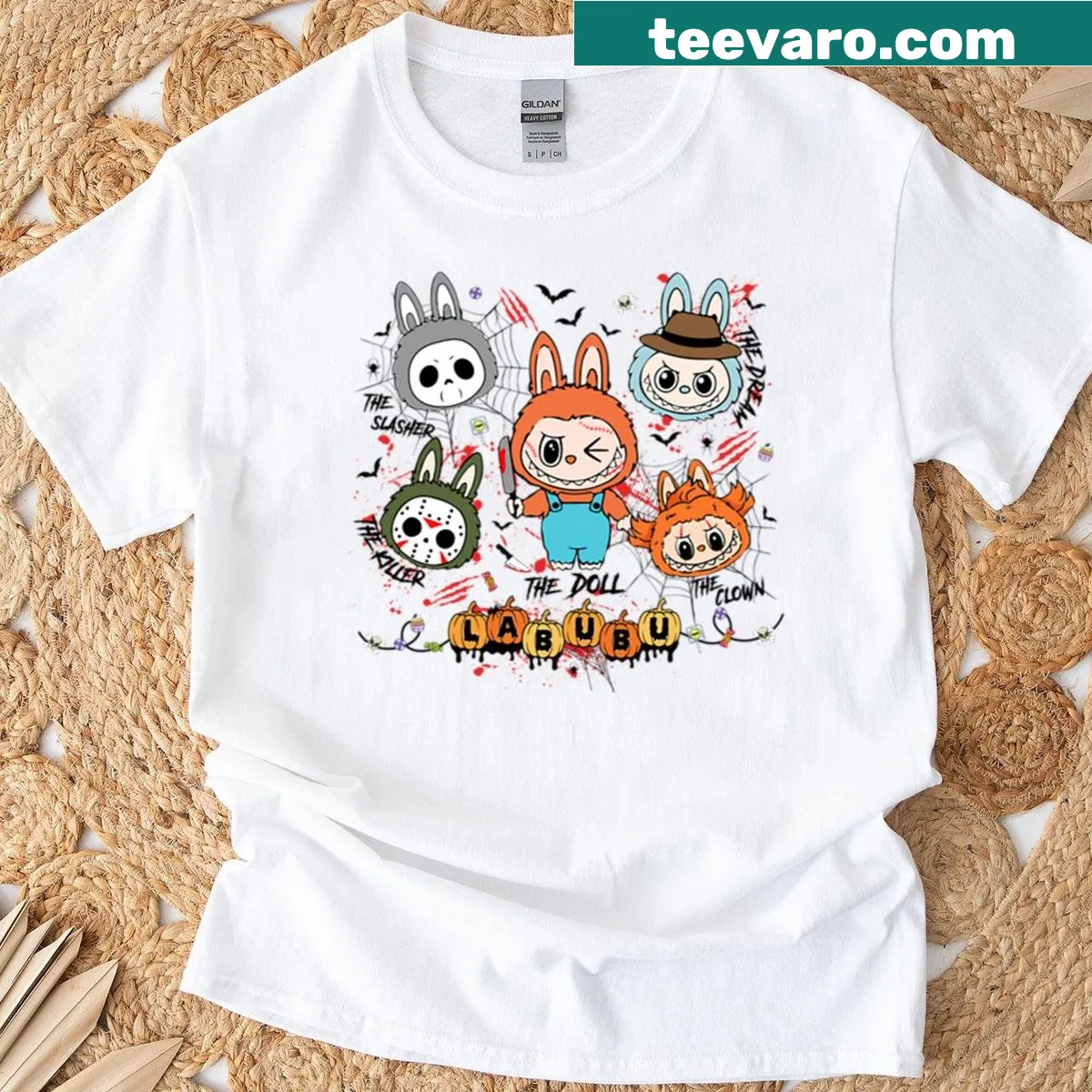 Eerie slasher killer doll graphic on a Halloween T-shirt — on a men's t-shirt