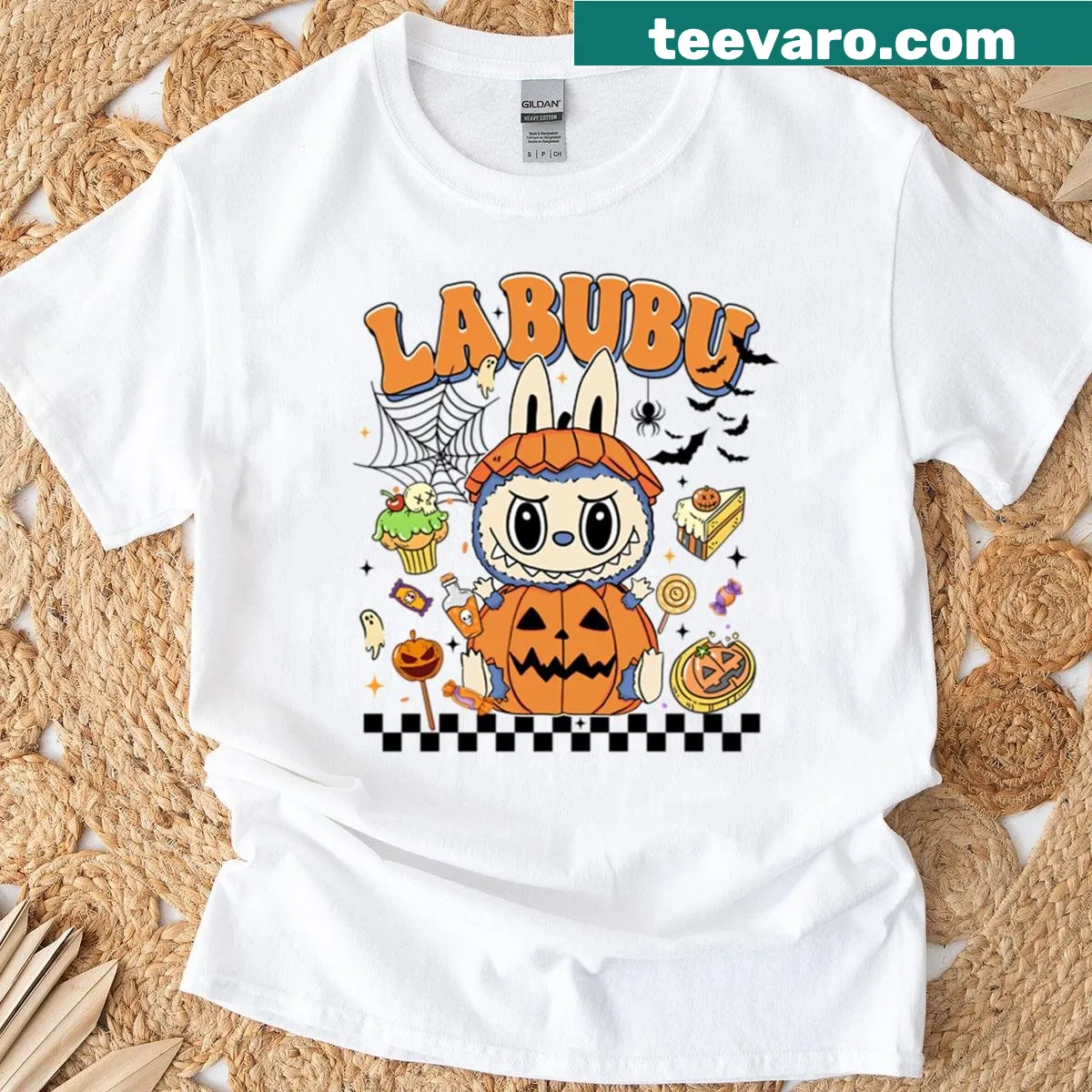 Cute Halloween t-shirt with Labubu monster in a pumpkin — on a men's t-shirt